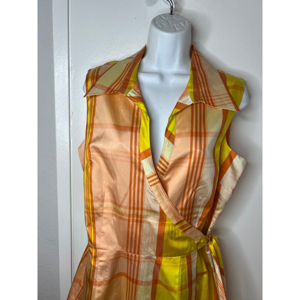 ICE Women's 100% Silk Sleeveless Plaid Wrap Dress Orange/Yellow ~ Size 14 - Picture 3 of 6